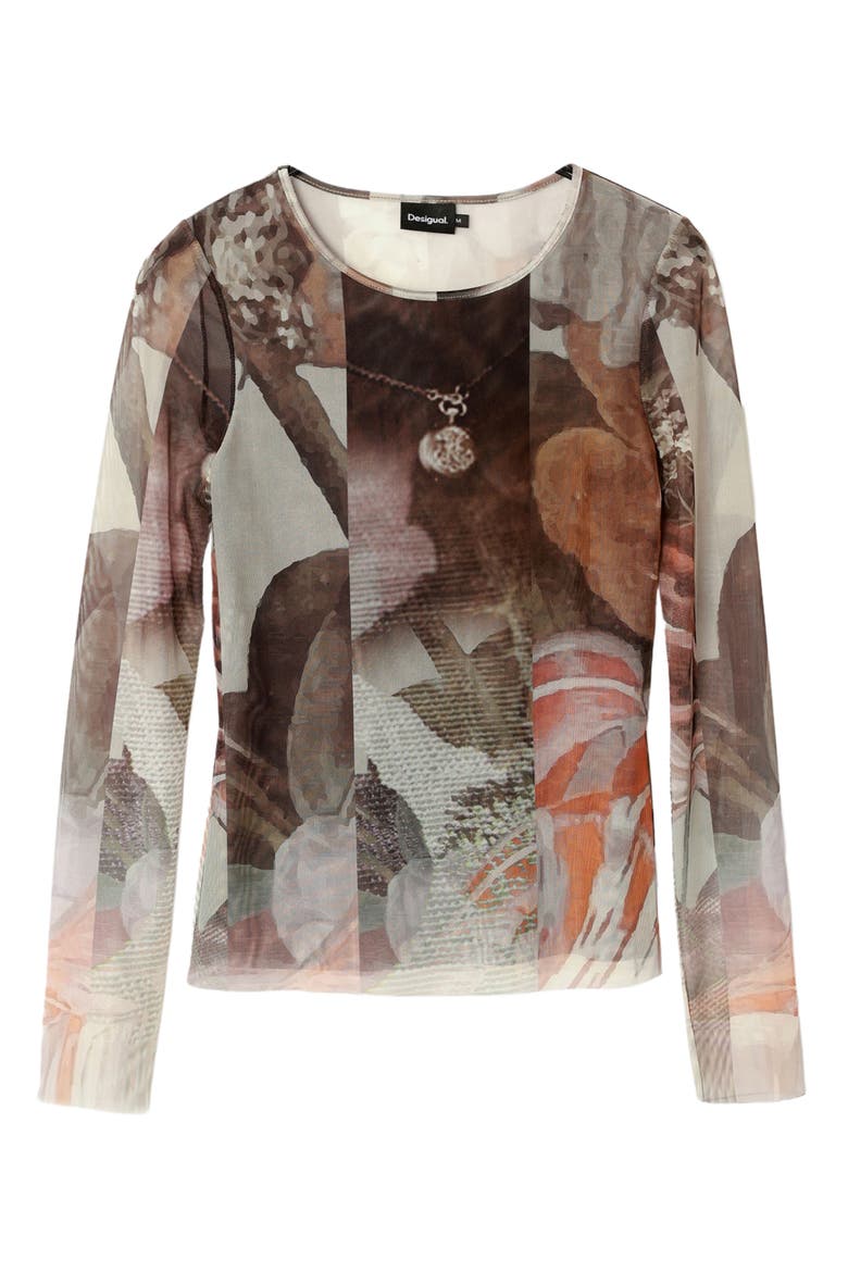 Carson Print Mesh Long Sleeve Top, Alternate, color, BROWN