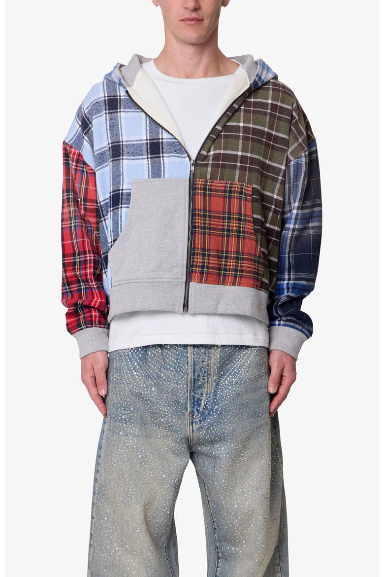 Patchwork Flannel Zip Crop Hoodie, Main, color, MULTI