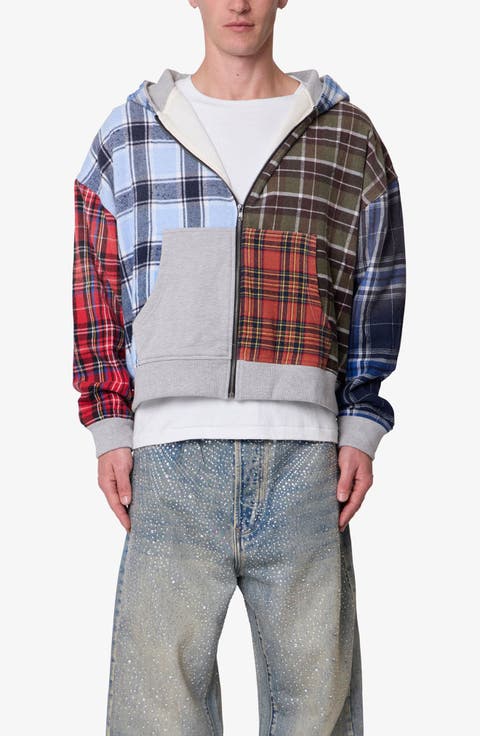 Patchwork Flannel Zip Crop Hoodie