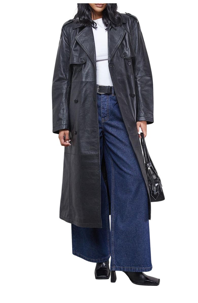 Warehouse Real Leather Belted Trench Coat, Alternate, color, Black