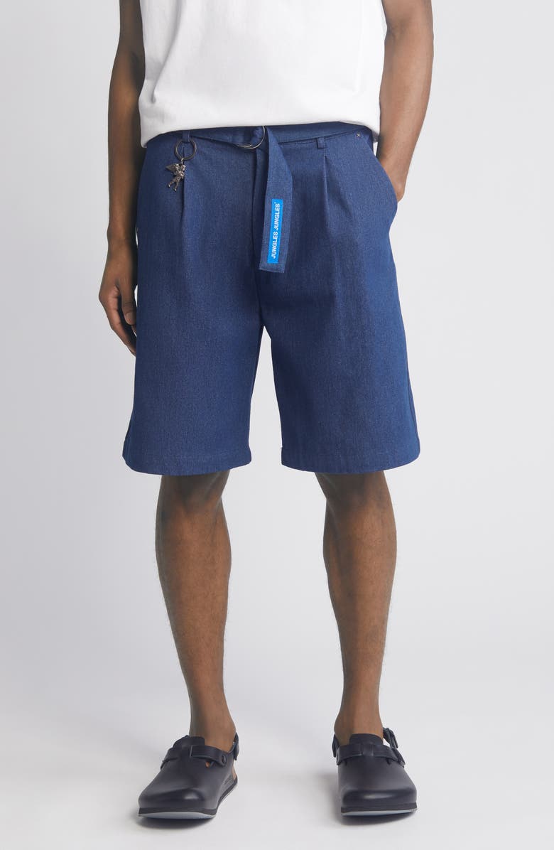 JUNGLES Pleated Belted Denim Shorts, Main, color,