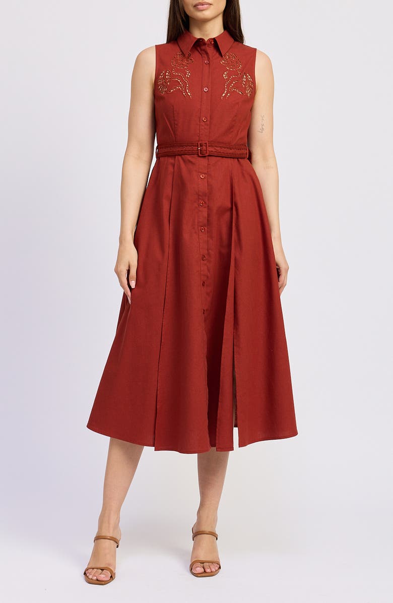 En Saison Megumi Eyelet Detail Cotton & Linen Midi Shirtdress, Main, color, Red Currant