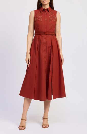 En Saison Megumi Eyelet Detail Cotton & Linen Midi Shirtdress