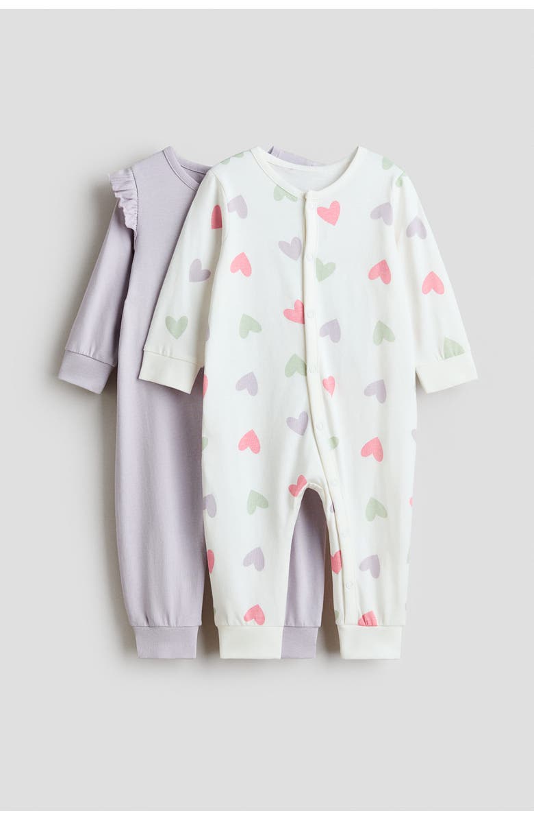 H&M 2-pack cotton pajama jumpsuits, Main, color, Light Purple/Hearts