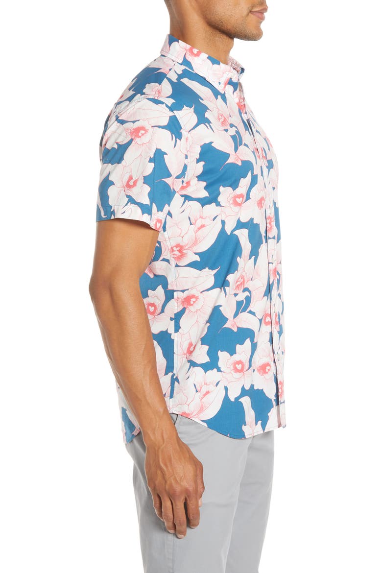 Slim Fit Floral Short Sleeve Button-Down Shirt, Alternate, color, CYANOTYPE FLORAL - STRAWBERRY