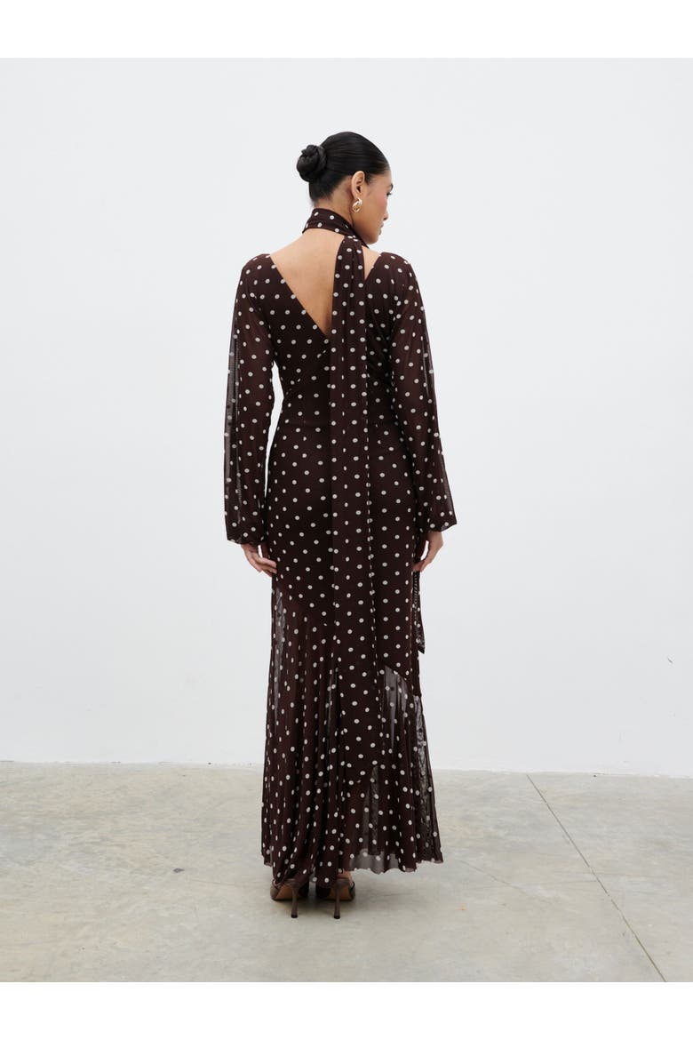 Petula Scarf Mesh Maxi Dress, Alternate, color, Brown And Cream Polkadot