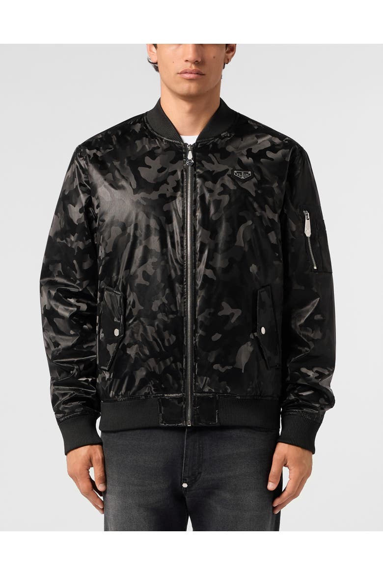 Nylon Bomber Camouflage Men, Main, color, black