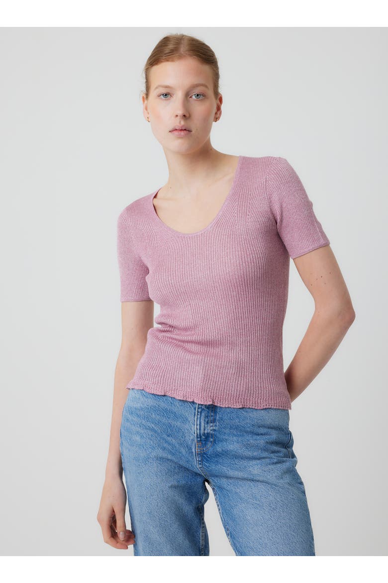 Viscose Metallic Rib Short Sleeve Scoopneck, Main, color, BOISDEROSE