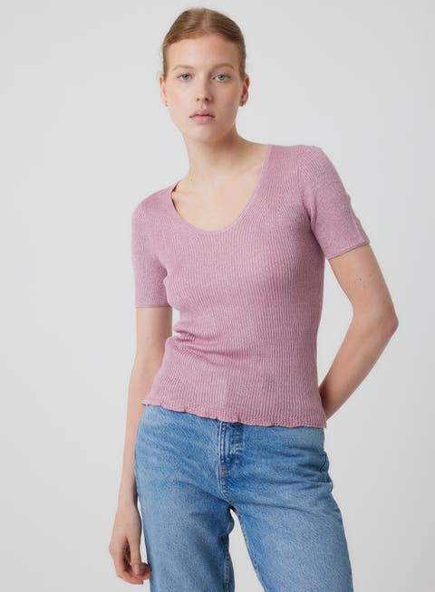 Viscose Metallic Rib Short Sleeve Scoopneck