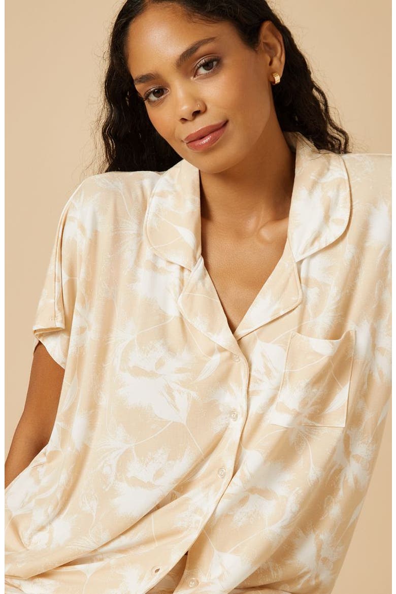 Soft Sleep Caftan Top and Cropped Pant Pajama Set, Alternate, color, Warm Sand Floral