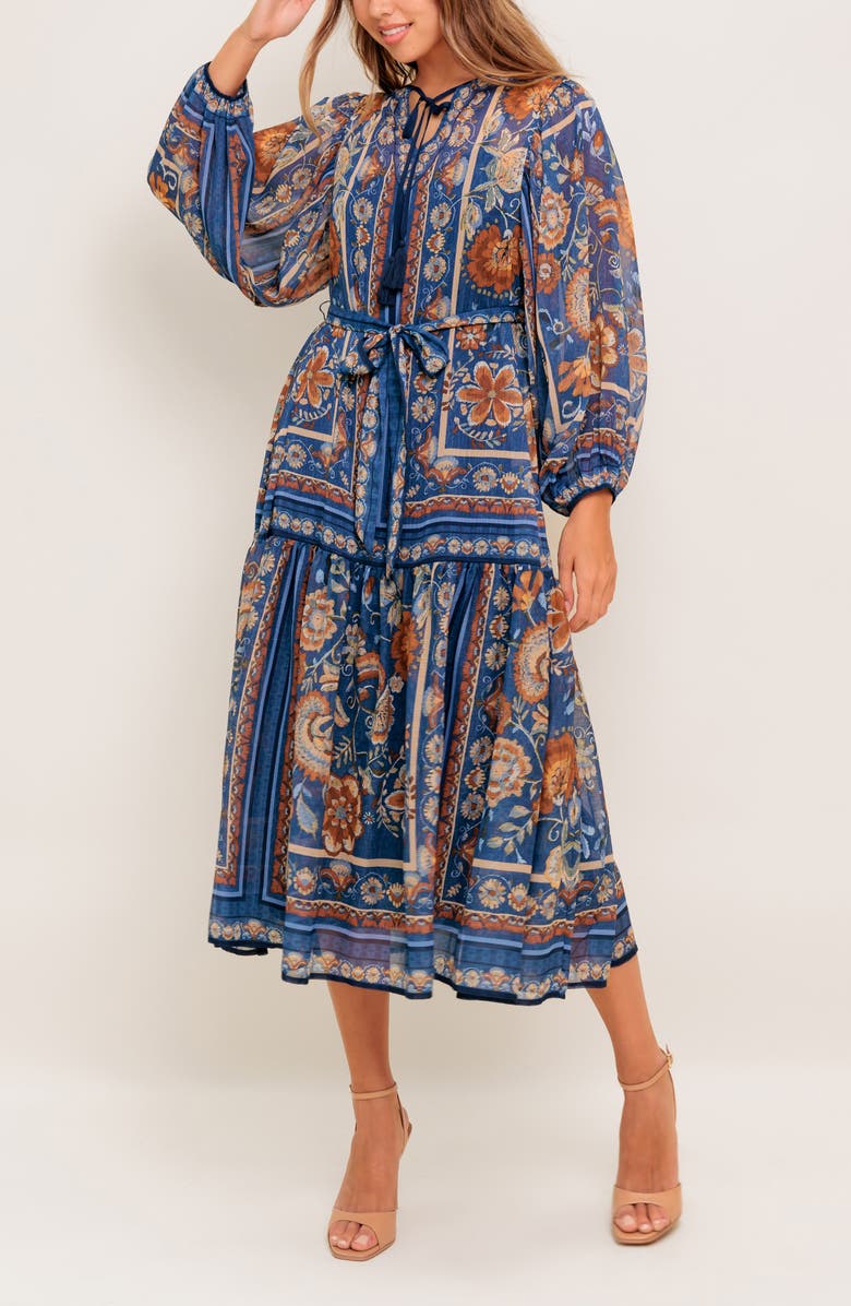 FLYING TOMATO Split Neck Long Sleeve Midi Dress, Alternate, color, Blue