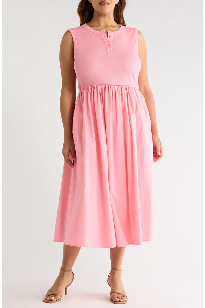 Mixed Media Henley Midi Dress, Main, color, PINK DIANTHUS