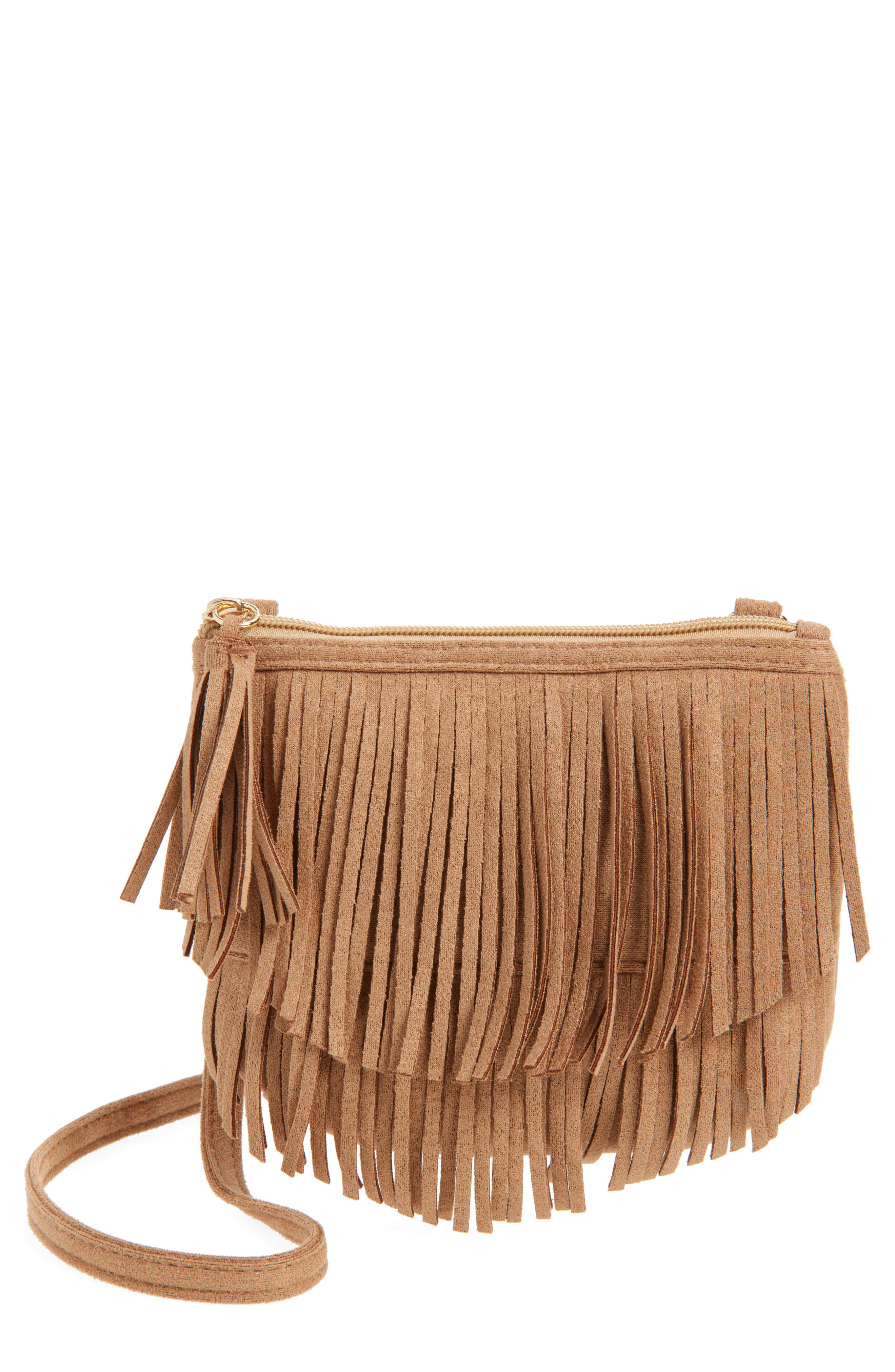 Capelli New York Kids' Faux Suede Fringe Crossbody Bag, Main, color, Natural