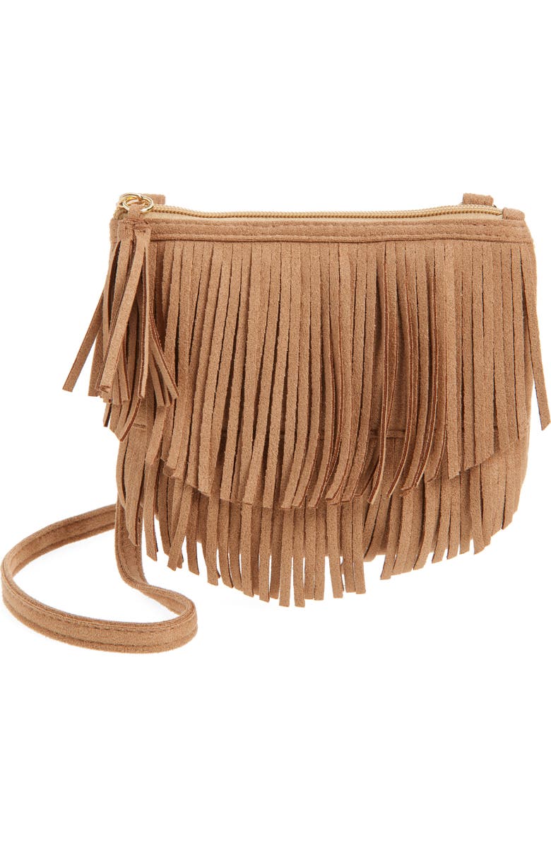 Capelli New York Kids' Faux Suede Fringe Crossbody Bag, Main, color, Natural