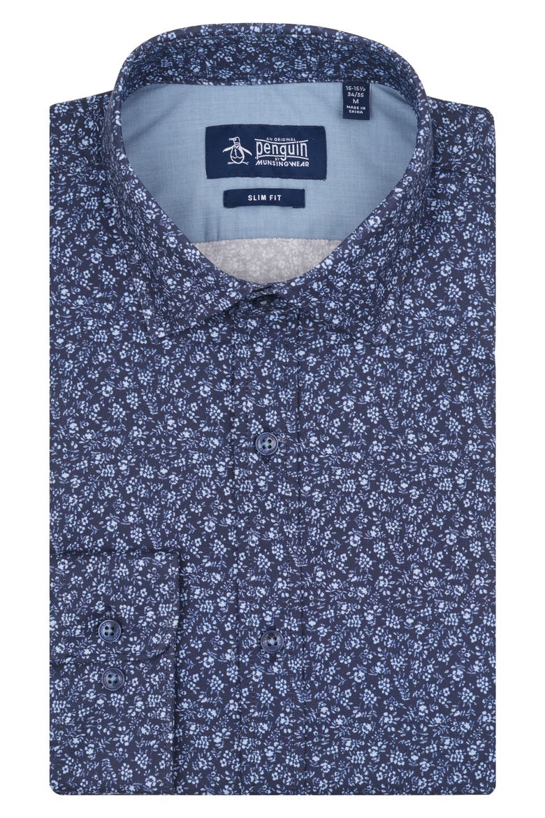 Floral Stencil Stretch Cotton Slim Fit Dress Shirt, Main, color, BLUE