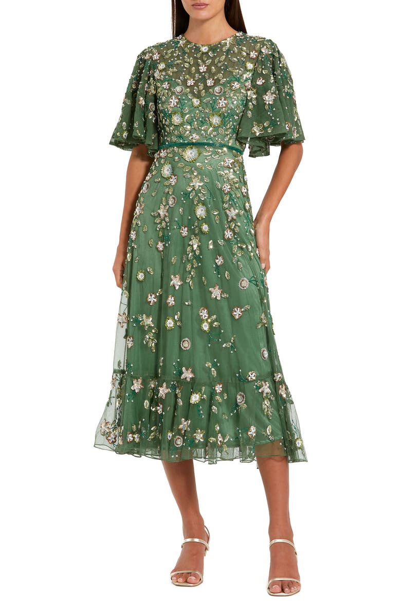 Mac Duggal Floral Embellished Flutter Sleeve Midi Dress, Main, color, Sage