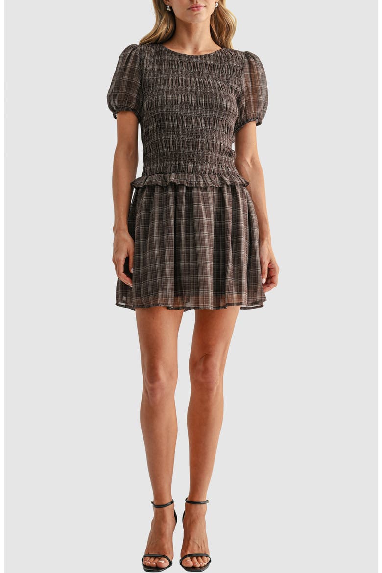 Puff Sleeve Smocked Minidress, Main, color, BROWN PLAID
