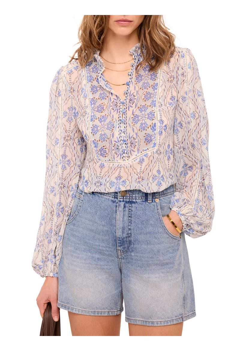 Geo Print Ruffle Blouse, Alternate, color, Blue