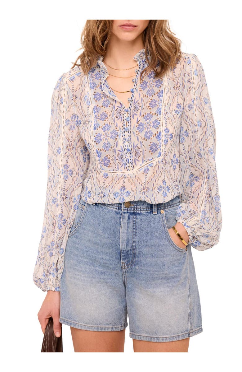 MINT VELVET Geo Print Ruffle Blouse, Alternate, color, Blue