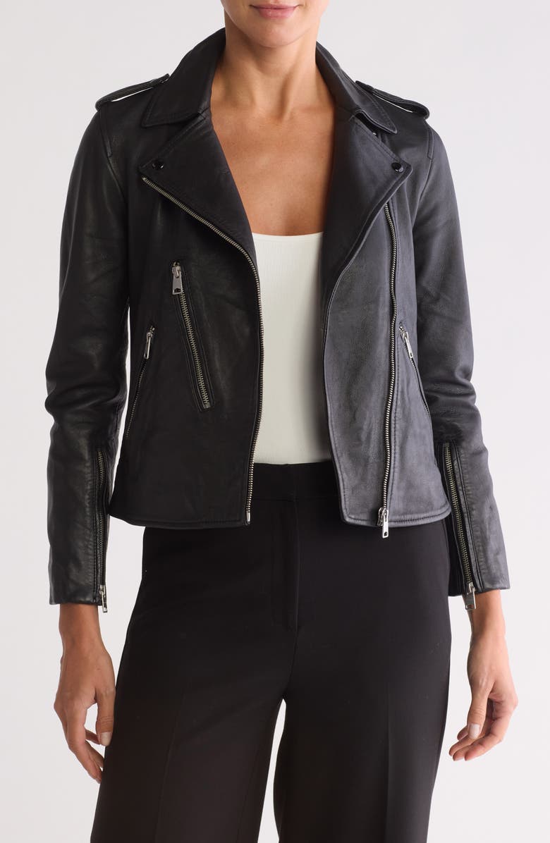 AllSaints Elva Lambskin Leather Biker Jacket, Main, color, Black