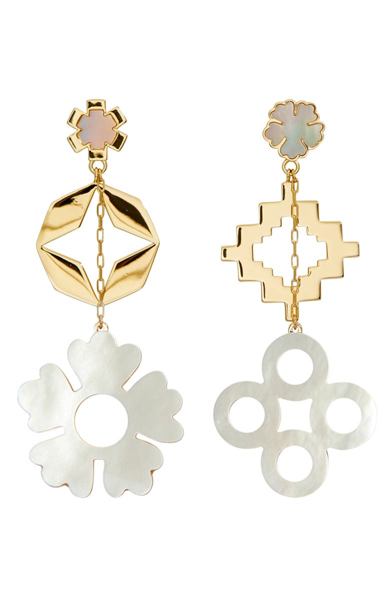 Tory Burch Kira Mismatched Clover Drop Earrings, Main, color, Tory Gold/ Mother Of Pearl