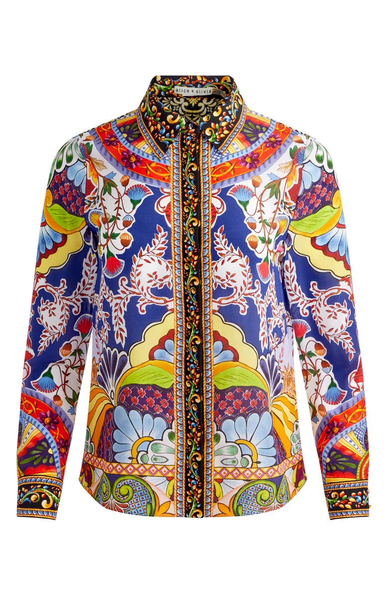 Alice + Olivia Willa Mixed Print Silk Button-Up Shirt, Alternate, color,