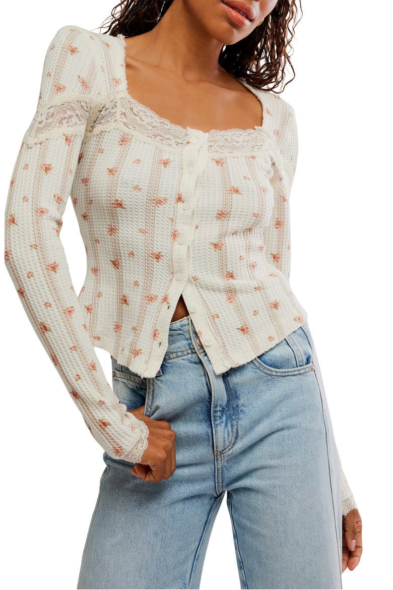 Let's Party Floral Lace Trim Cotton Waffle Knit Button-Up Top, Main, color, TEA COMBO