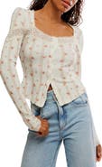 Free People Let's Party Floral Lace Trim Cotton Waffle Knit Button-Up Top