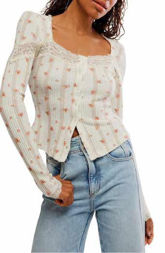 Free People Let's Party Floral Lace Trim Cotton Waffle Knit Button-Up Top