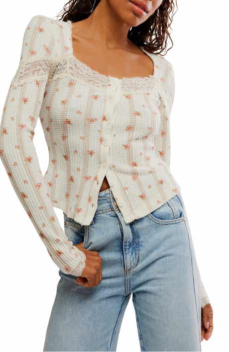 Free People Let's Party Floral Lace Trim Cotton Waffle Knit Button-Up Top
