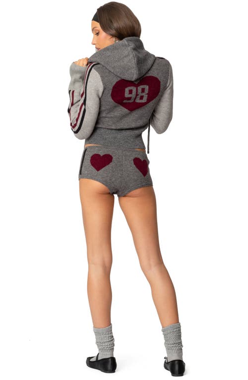 Shop Edikted Intarsia Heart Hooded Zip Cardigan In Gray