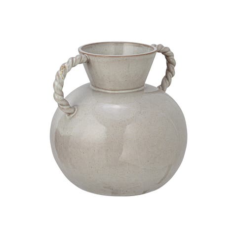 9.25 Inches Stoneware Vase with Twisted Handles and Reactive Glaze, Cream Color