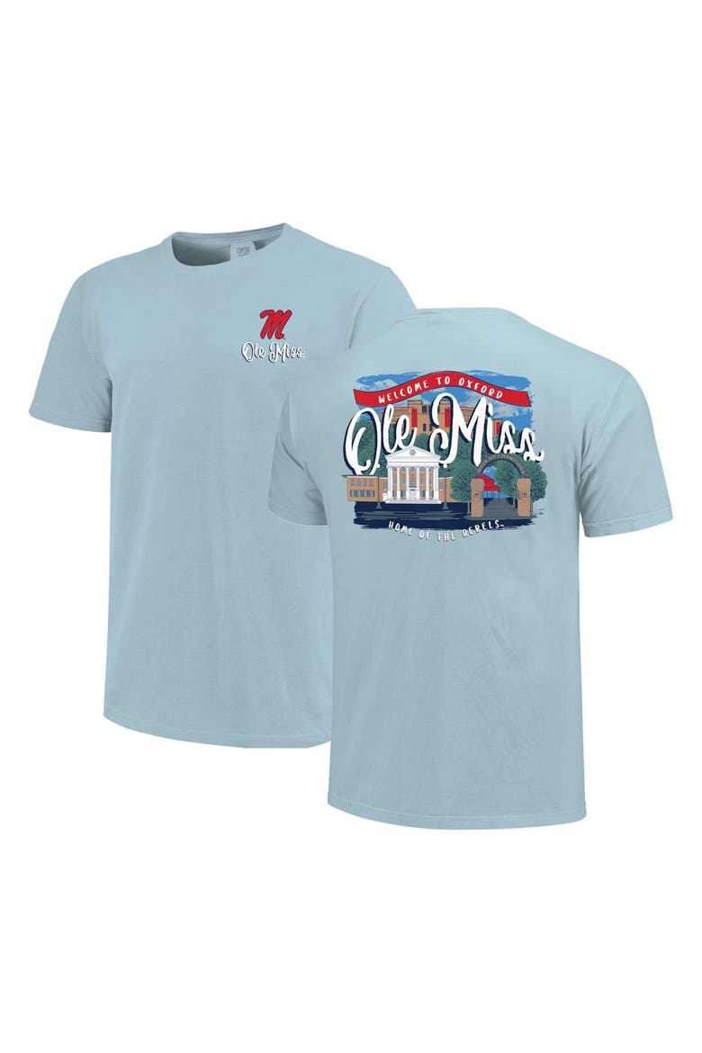 Women's Blue Ole Miss Rebels Comfort Colors Campus Scene Drawing Script T-Shirt, Main, color, Blue