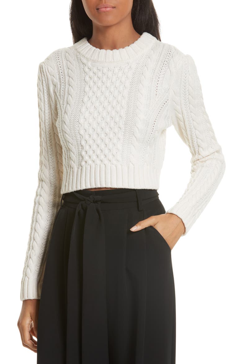Cropped Aran Stitch Sweater, Main, color, WHITE