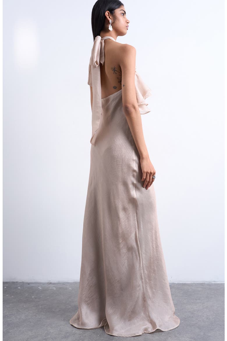 Ruffle Satin Halter Maxi Dress, Alternate, color, IRIDESCENT MINK