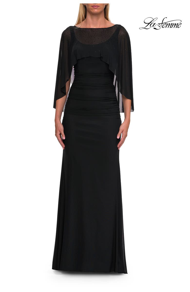 La Femme Jersey Gown with Sheer Beaded Cape Overlay, Main, color, Black