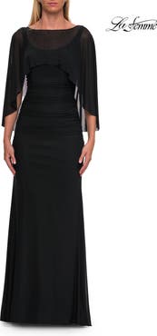 La Femme Jersey Gown with Sheer Beaded Cape Overlay