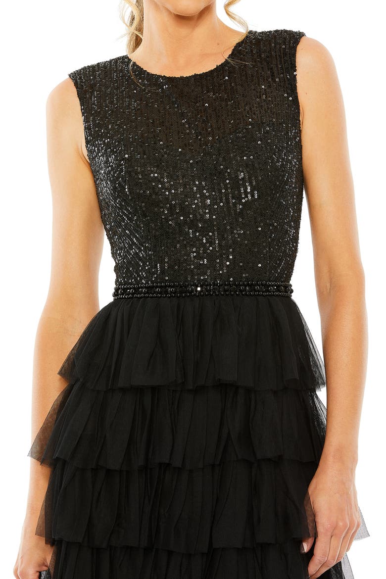 Ruffle Tiered Sequin High Neck Gown, Alternate, color, BLACK