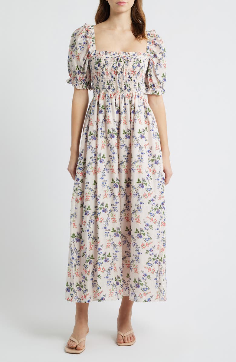 Hill House Home The Scarlett Smocked Midi Dress, Main, color, Scallop Bow Chintz Pink