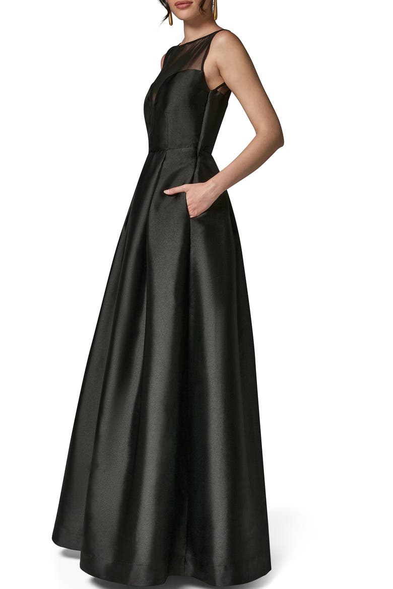 Mesh Yoke Fit & Flare Mikado Gown, Alternate, color, BLACK