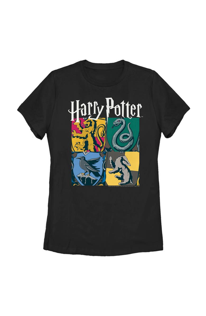 HARRY POTTER Women's Harry Potter Hogwarts Houses Vintage Collage Graphic T-Shirt, Main, color, Black