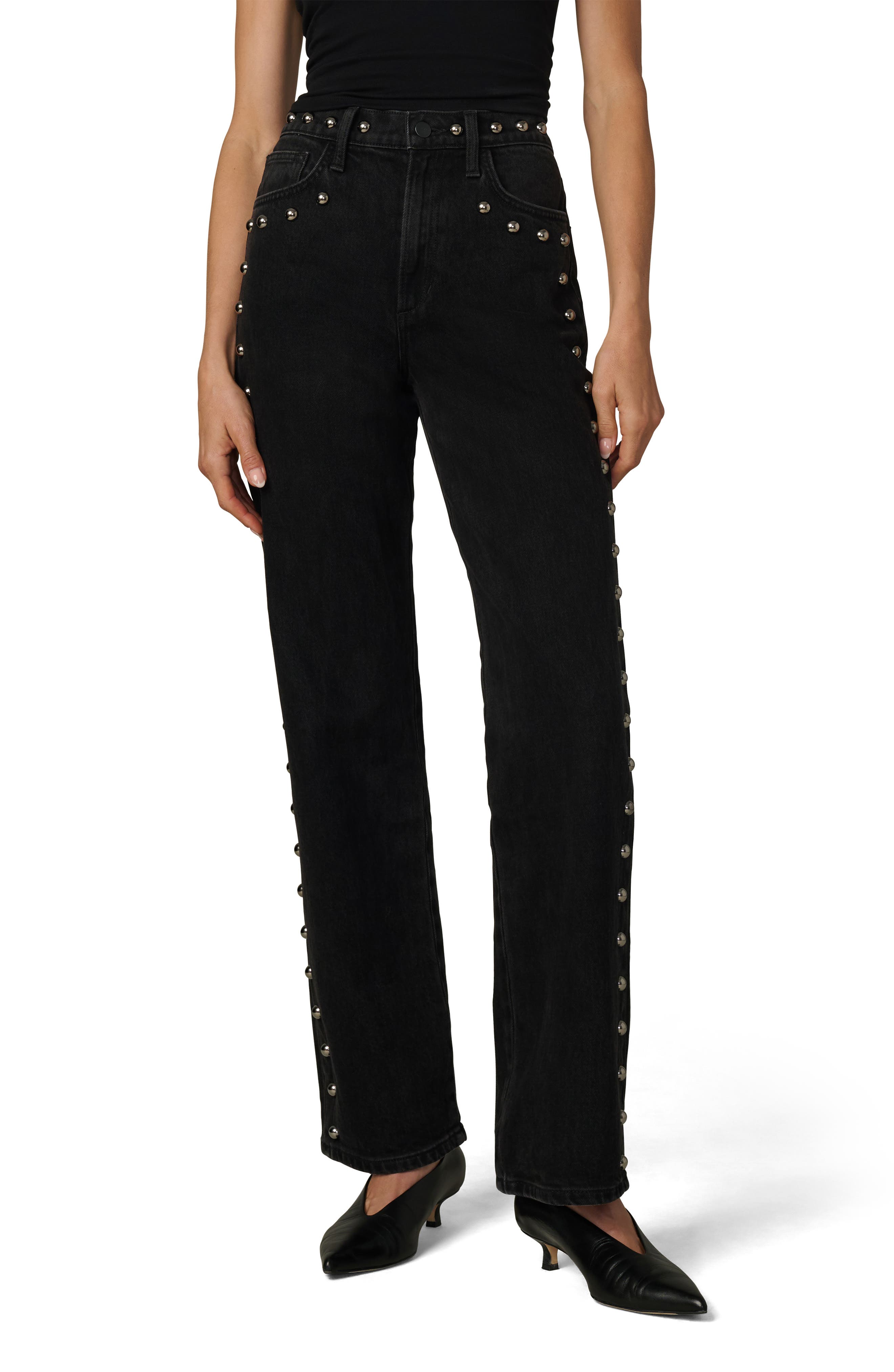 The Margot Embellished Studded High Waist Straight Leg Jeans