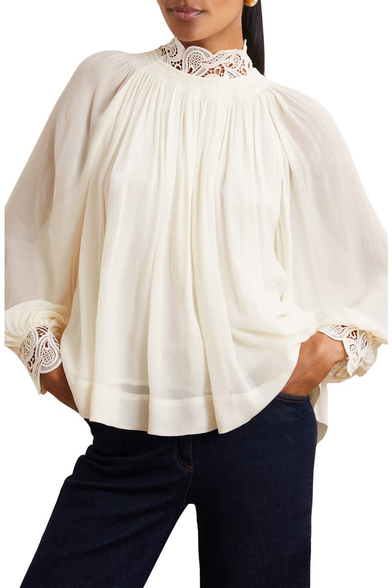 Czara Lace Accent Smocked Yoke Top, Main, color, CREAM