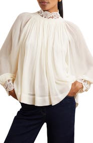 Reiss Czara Lace Accent Smocked Yoke Top