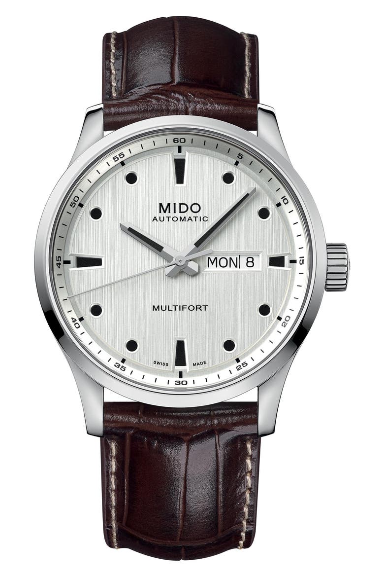 Multifort Leather Strap Watch, 42mm, Main, color, SILVER