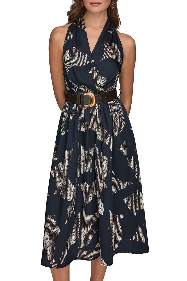 Print Belted Sleeveless Midi Dress, Alternate, color, NGHTFAL/ SAND