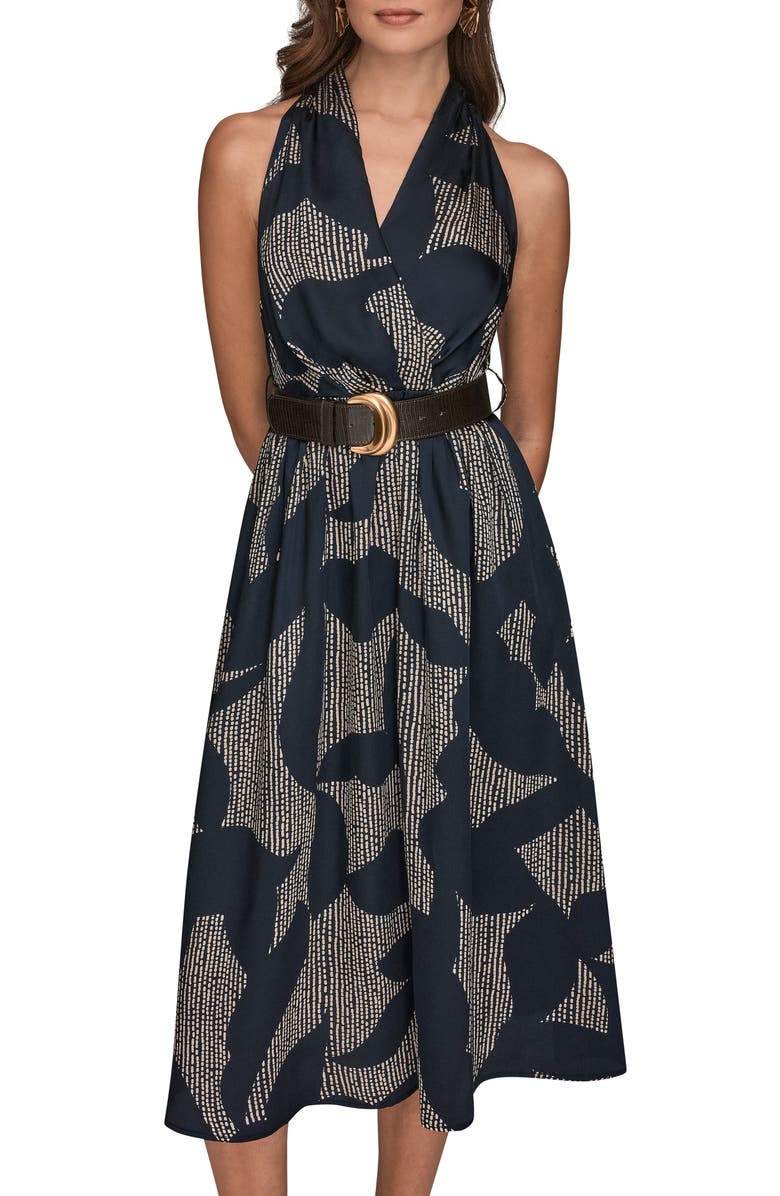 Donna Karan New York Print Belted Sleeveless Midi Dress, Alternate, color, Nghtfal/ Sand