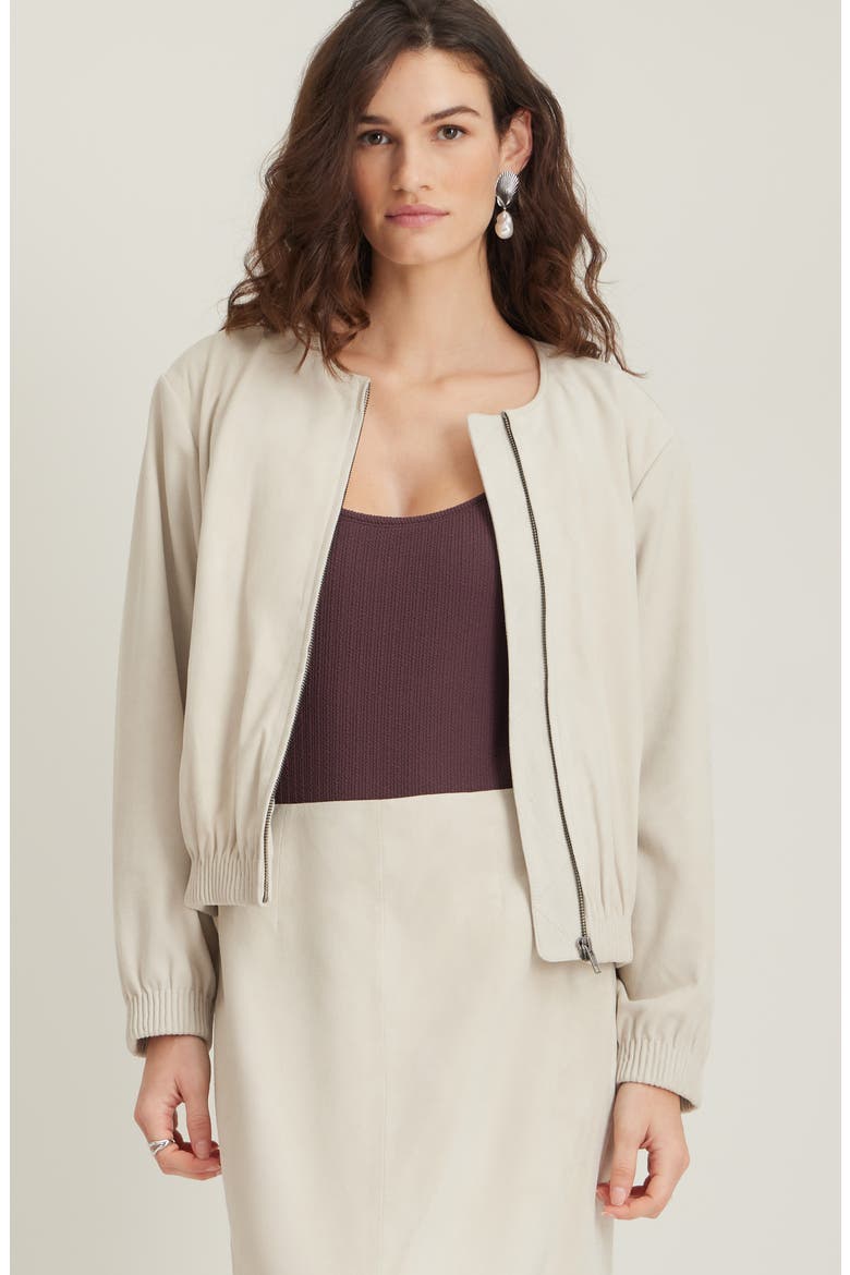 Suede Bomber Jacket, Alternate, color, BEIGE OATMEAL