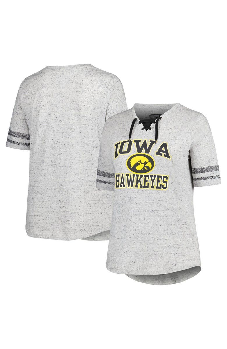 PROFILE Women's Profile Heather Gray Iowa Hawkeyes Plus Size Striped Lace-Up V-Neck T-Shirt, Main, color, 