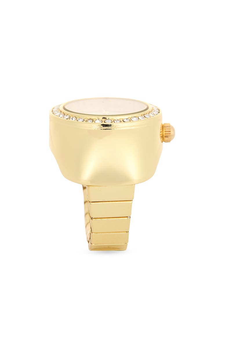 Jessica Simpson Glitter Crystal Bezel Ring Watch, 19mm, Alternate, color, Gold